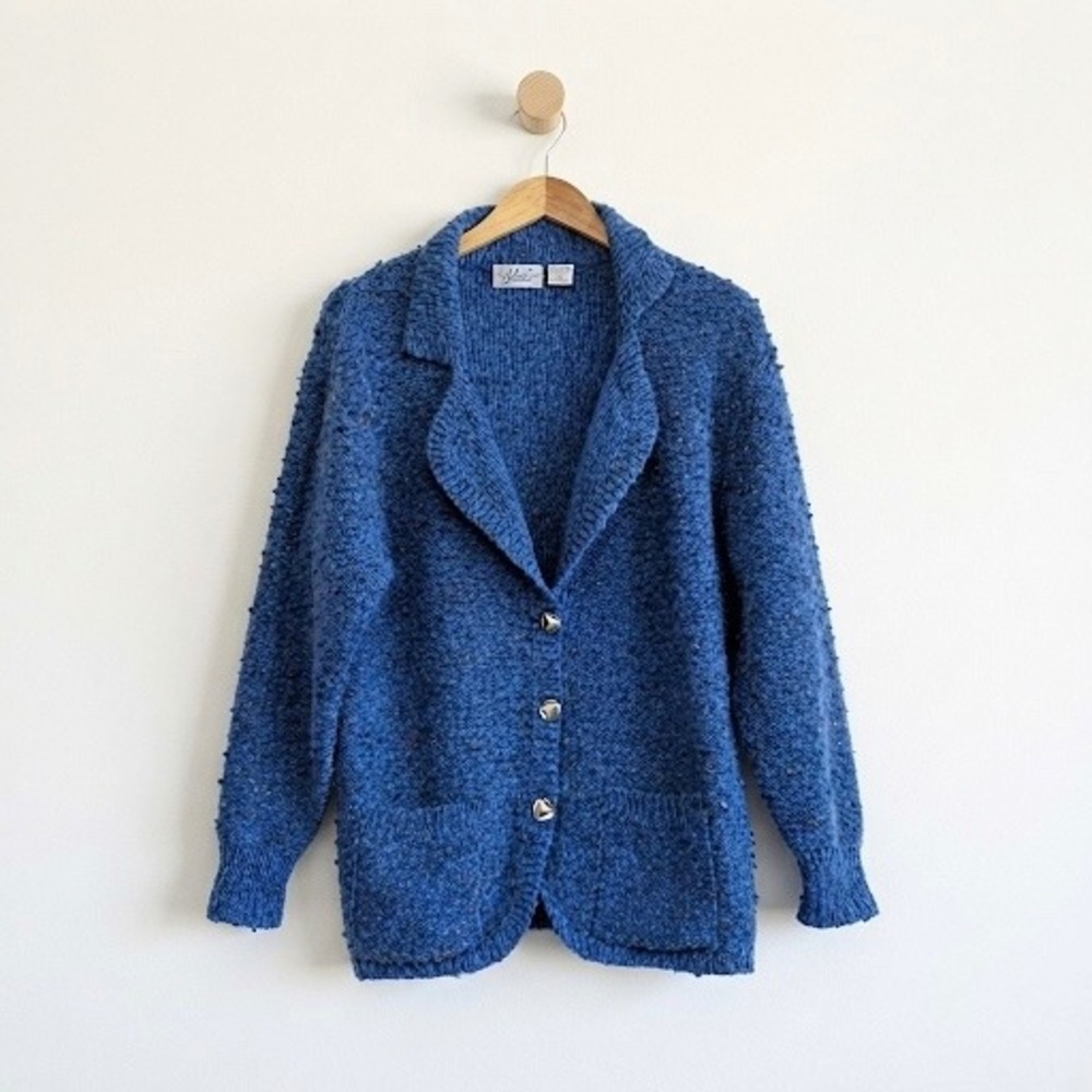 Vintage Alicia Cobalt Blue Speckled Confetti Knit Cardigan Grannycore Indie L